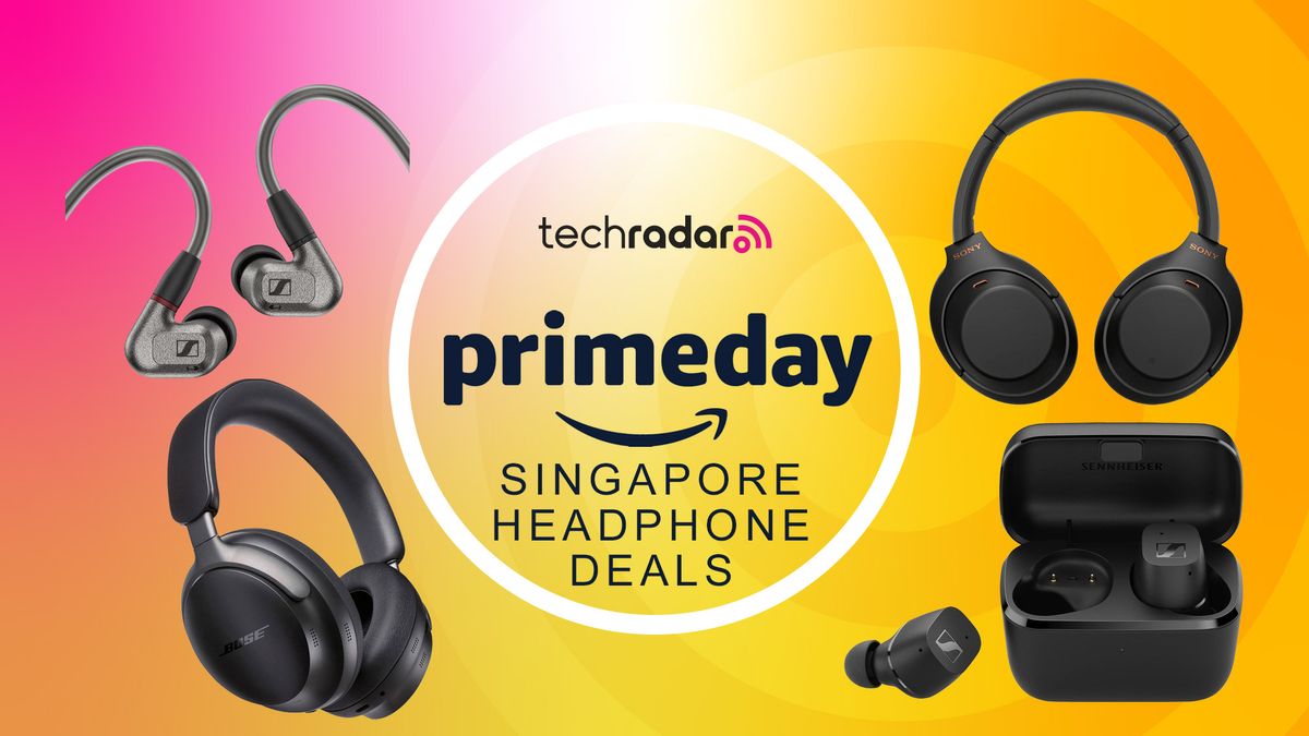 Headphones on pink and yellow background with &quot;Prime Day Singapore Headphone Deals&quot; text