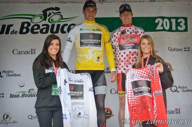 Jasper Stuyven (Bontrager) won the yellow leader's jersey, the white best young rider jersey plus the red spirnt jersey while Jim Stemper (5-Hr Energy) is in the polka-dot KOM jersey after stage 1