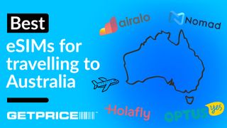 Blue background with white writing on the left side that says Best eSIMs with a black outline of Australia with images of eSIM company logos around it