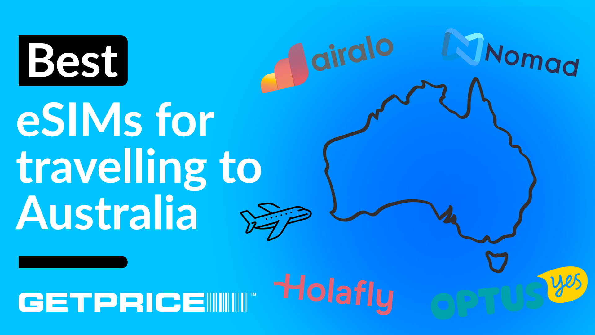 Blue background with white writing on the left side that says Best eSIMs with a black outline of Australia with images of eSIM company logos around it