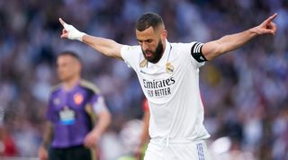 Karim Benzema celebrates one of his goals for Real Madrid against Real Valladolid in LaLiga at the Santiago Bernabeu in April 2023.