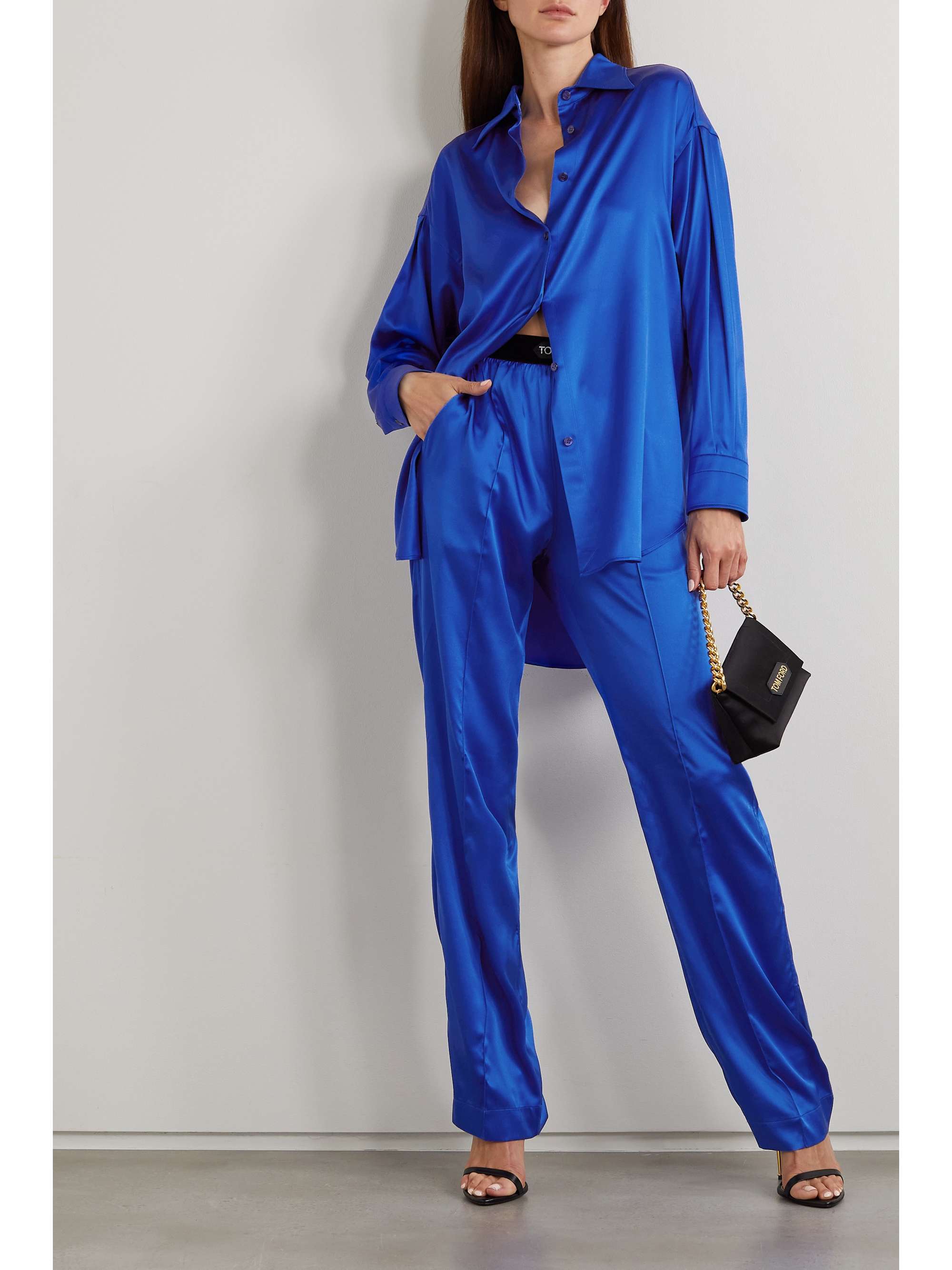 Velvet-Trimmed Stretch-Silk Satin Pants