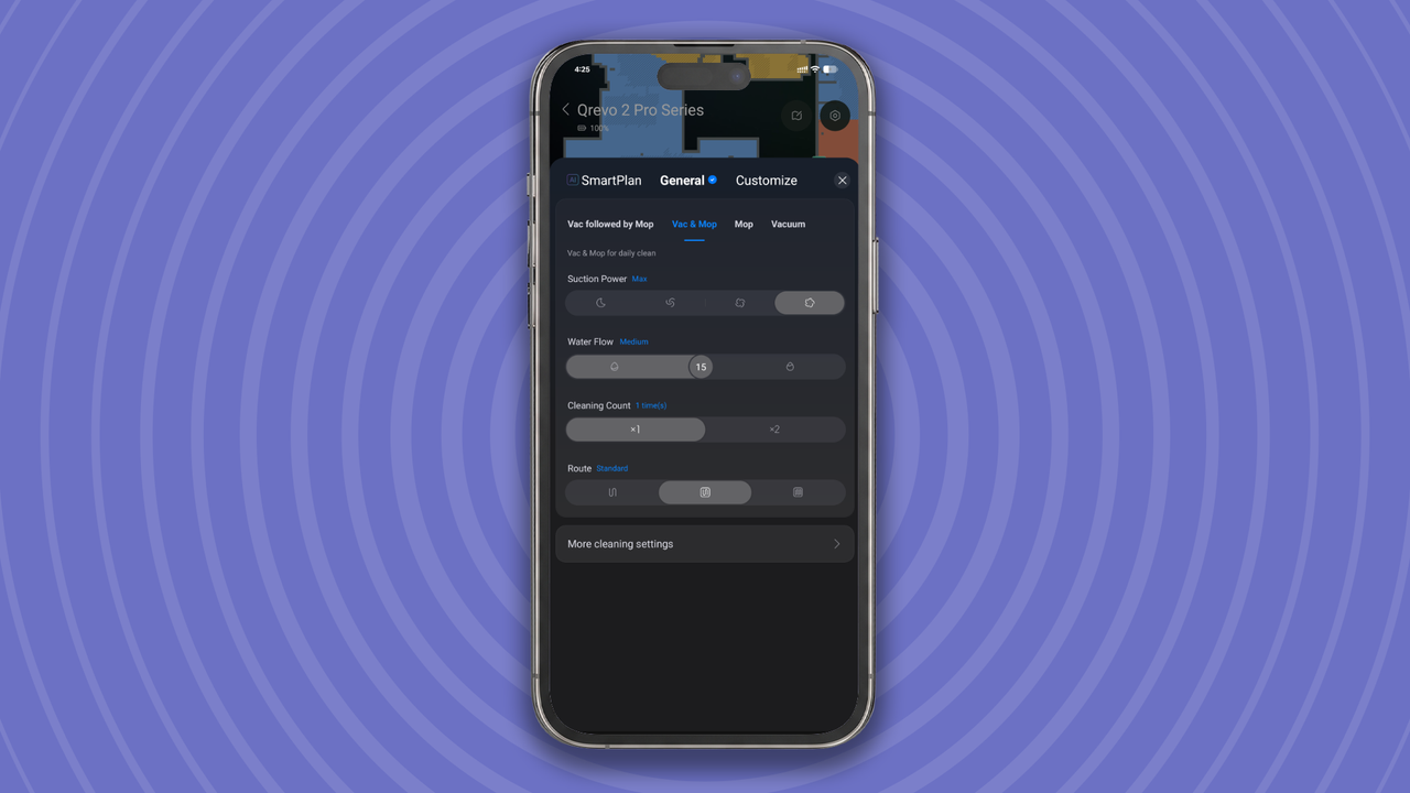 Cleaning settings for Roborock Qrevo 2 Pro in app