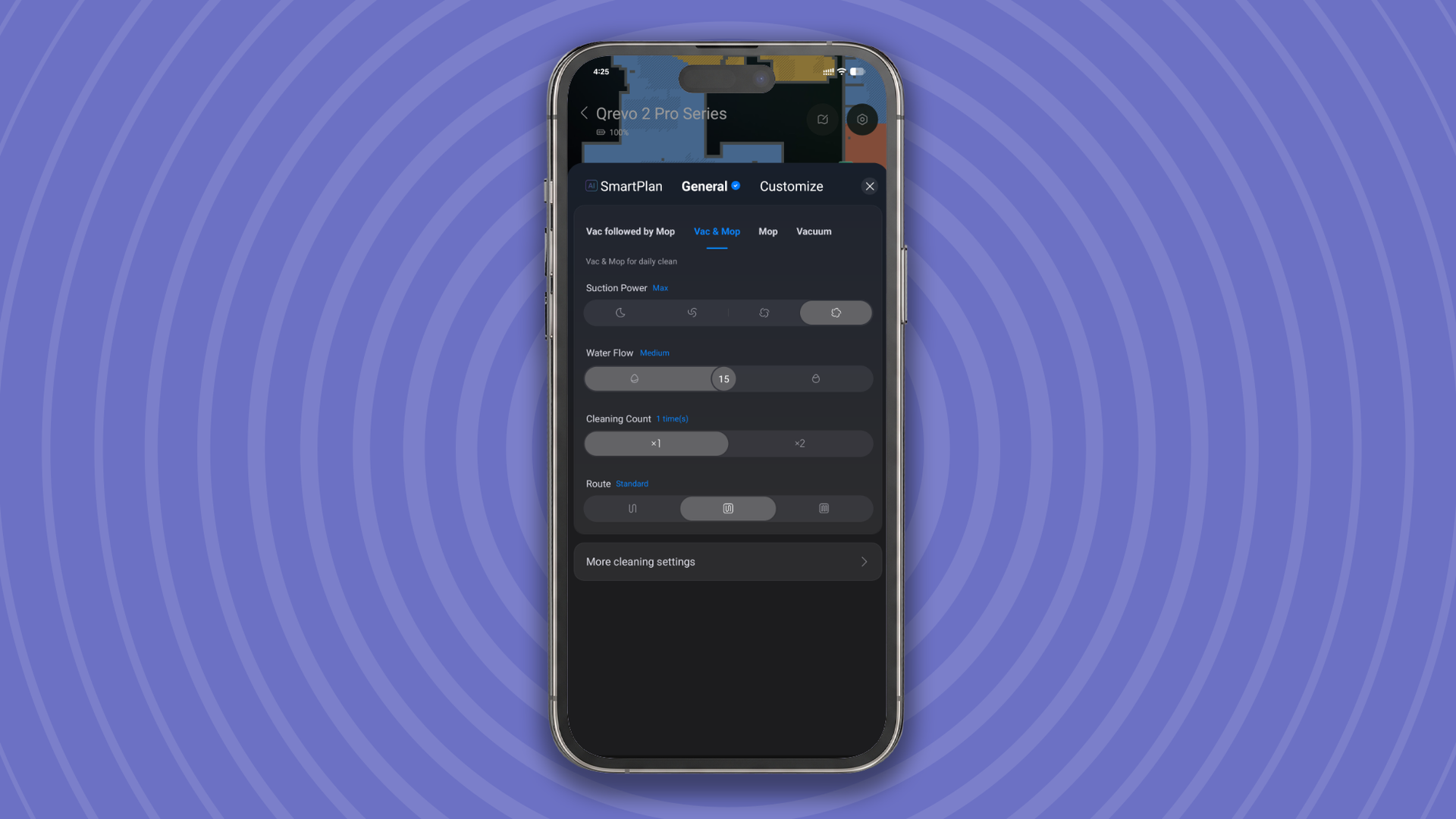 Cleaning settings for Roborock Qrevo 2 Pro in app