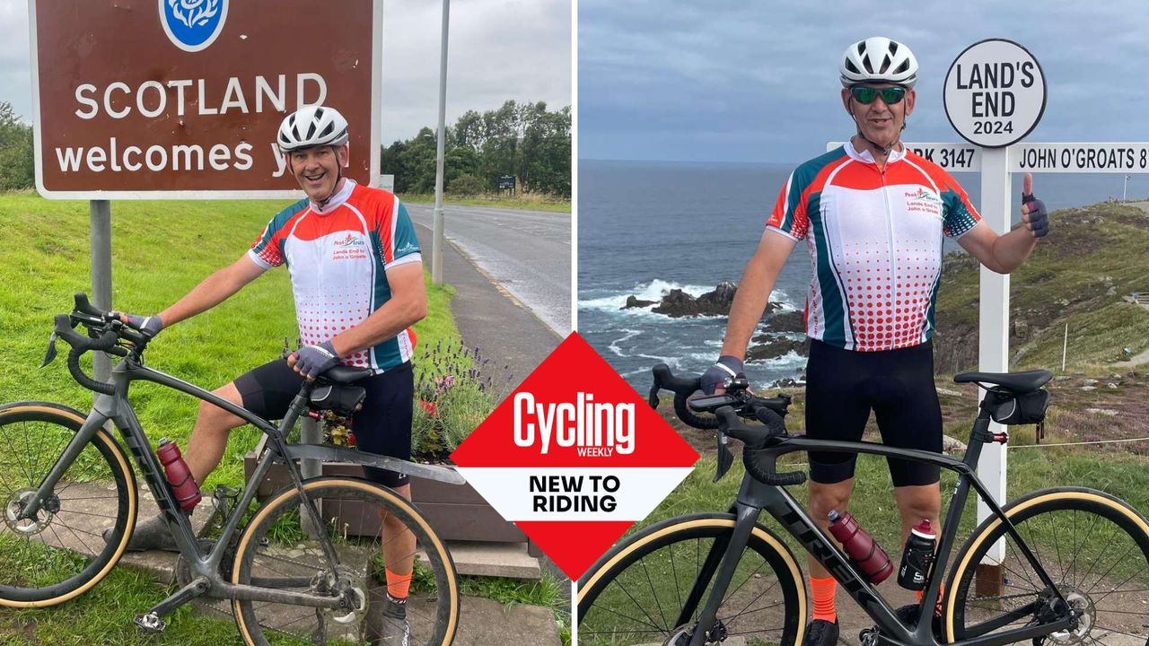 Images of Jonathan Fawcett with his bike in Scotland and at Land&#039;s End