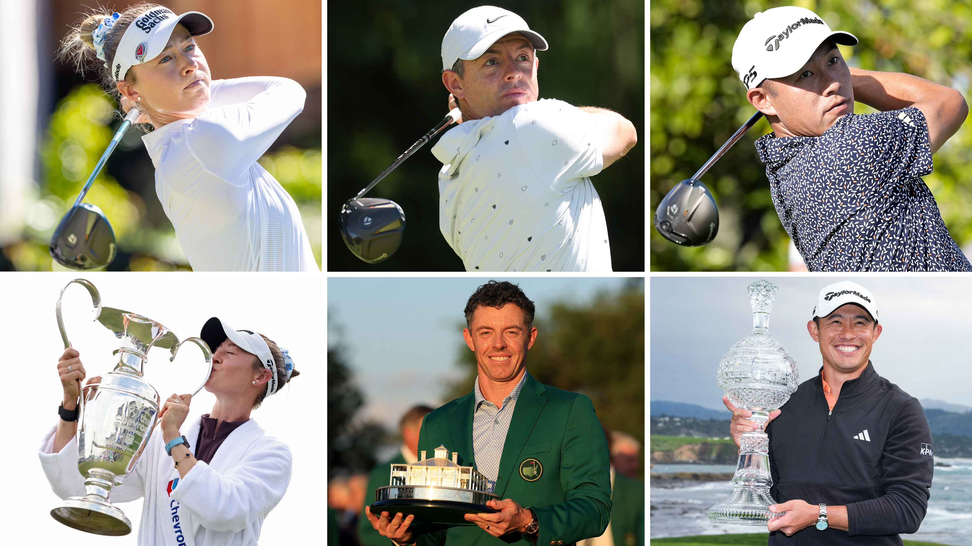 Nelly Korda, Rory McIlroy and Collin Morikawa hit drivers and pose with trophies