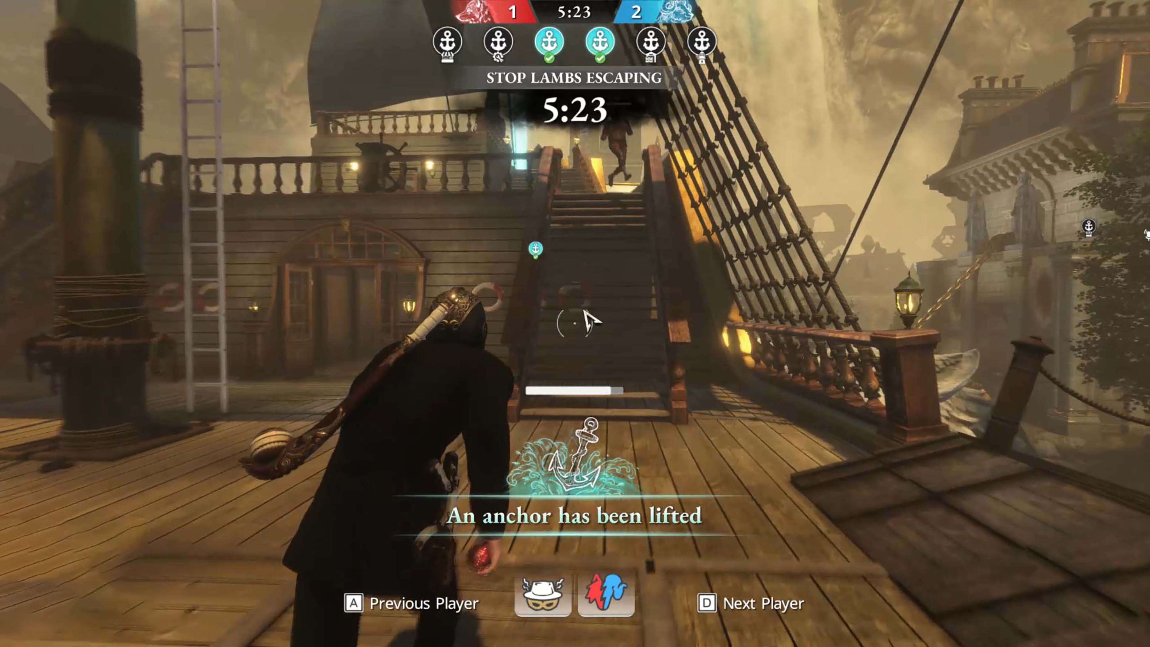 A screenshot from Killer Inn depicting a wolf running on the ship toward a lamb. Text on top of the image reads, "An anchor has been lifted."