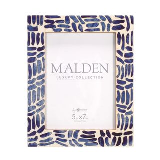 A blue and white photo frame that says 'malden'