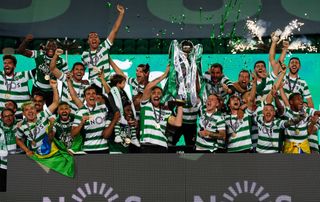 Sporting CP players celebrate winning the Liga NOS with trophy at the end of the Liga NOS match between Sporting CP and Boavista FC at Estadio Jose Alvalade on May 11, 2021 in Lisbon, Portugal. (Photo by Gualter Fatia/Getty Images)