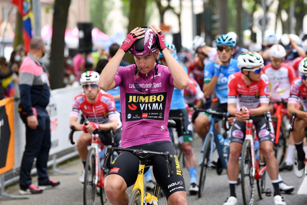 NOVARA ITALY MAY 09 Edoardo Affini of Italy and Team Jumbo Visma Purple Points Jersey at start during the 104th Giro dItalia 2021 Stage 2 a 179km stage from Stupinigi Nichelino to Novara girodiitalia Giro UCIworldtour on May 09 2021 in Novara Italy Photo by Tim de WaeleGetty Images