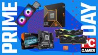 A picture of an AMD chip, Gigabyte motherboard, MSI cooler, and Teamgroup RAM on a blue deals background