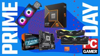 A picture of an AMD chip, Gigabyte motherboard, MSI cooler, and Teamgroup RAM on a blue deals background
