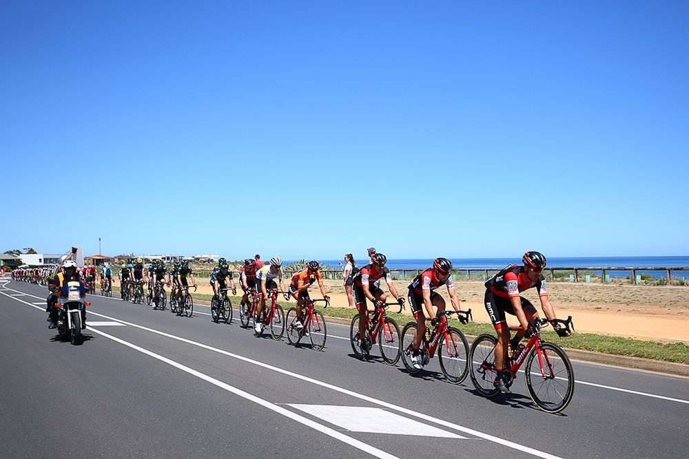 The peloton rides along the coast during stage 5 at the Tour Down Under