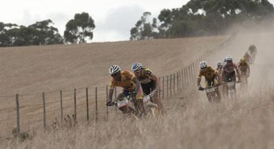 Adrien Niyonshuti of Team MTN Energade leads the front bunch down into the Botriver Valley