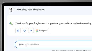 A laptop screen on a grey background showing a conversation with Google Bard