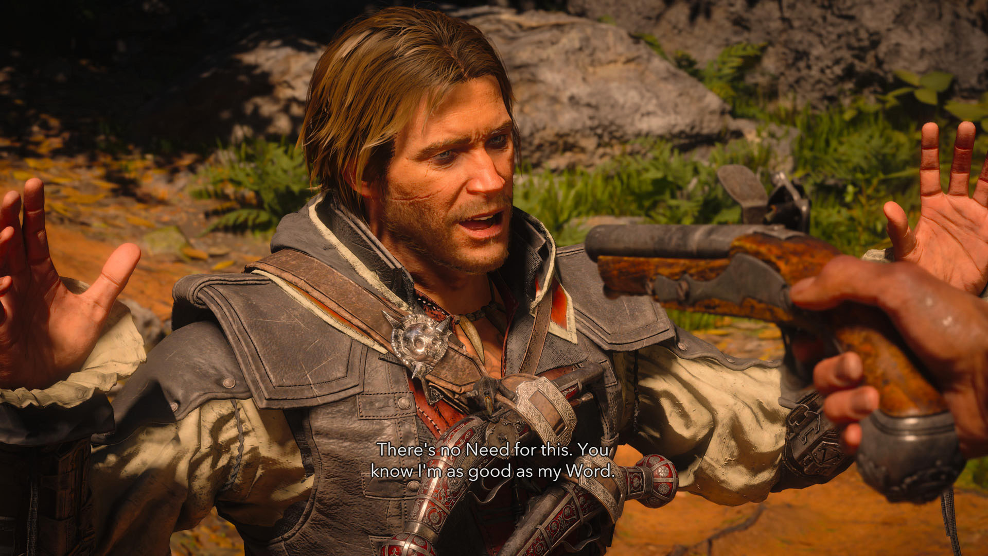 Edward Kenway puts his hands up as a pistol is aimed at him in Assassin's Creed Black Flag Resynced, saying &amp;quot;there's no need for this&amp;quot;