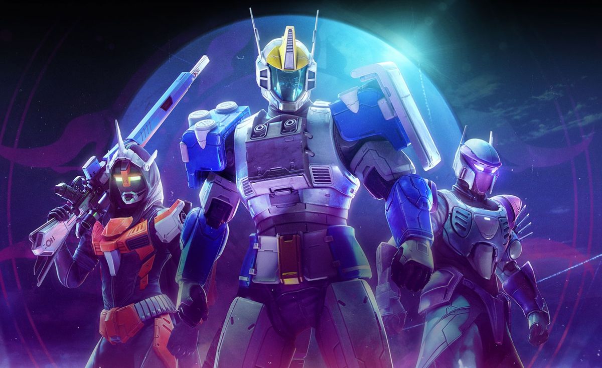 Hunter, Titan, and Warlock standing facing camera wearing new mecha-themed armor