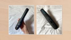 Collage of two original images showing two of the best cordless straighteners featured in this guide – on the left, a handheld view of the ghd Unplugged straighteners against a white fabric background, and on the right, the Revamp Progloss Liberate Compact Straightener