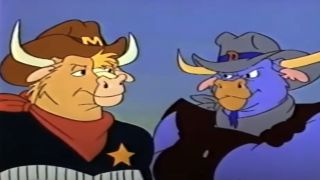 Screenshot of Moo Montana and Dakota Dude staring off in Wild West C.O.W. Boys of Moo Mesa