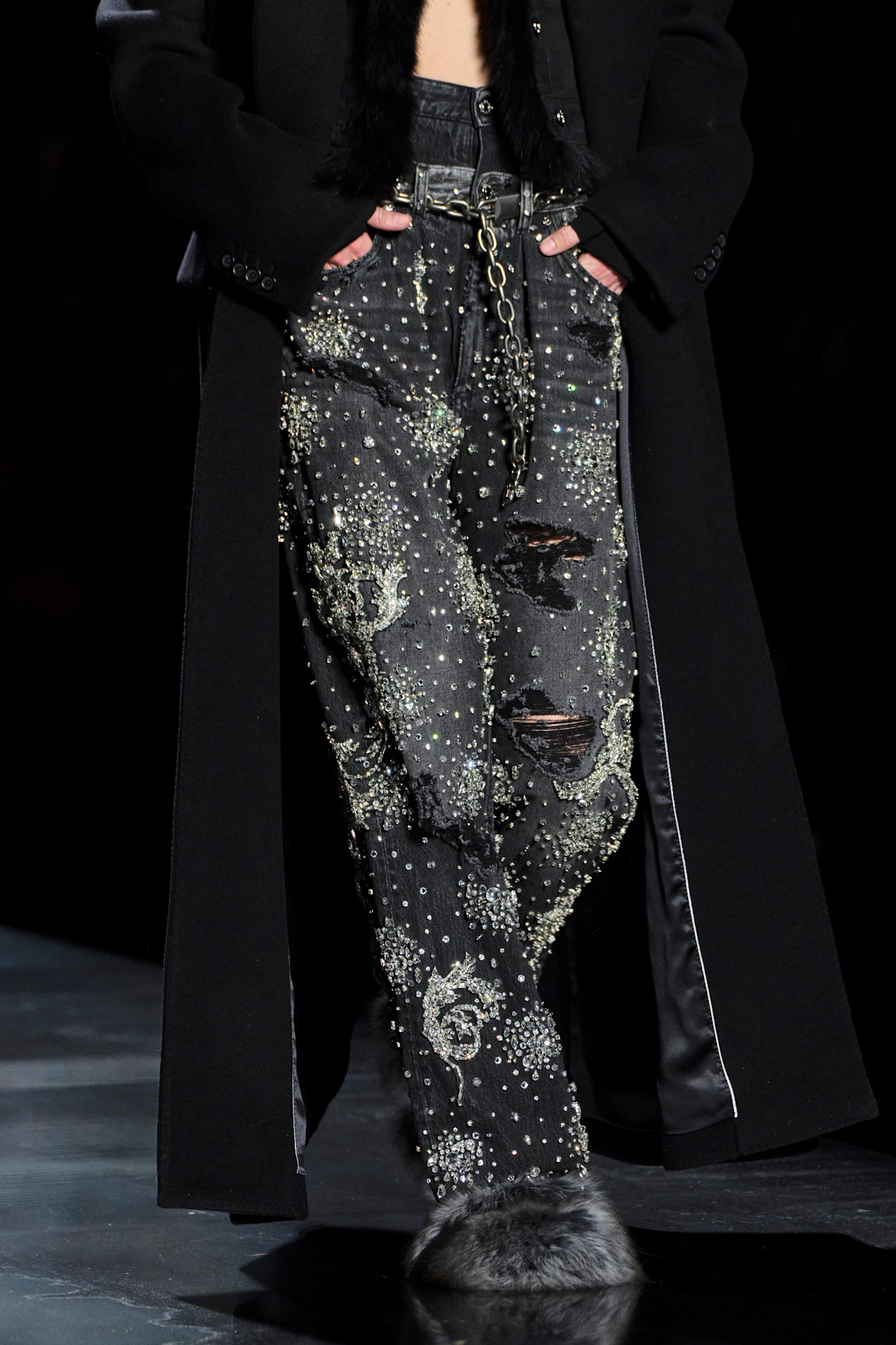 Model wears embellished jeans on the Dolce &amp;amp; Gabbana runway