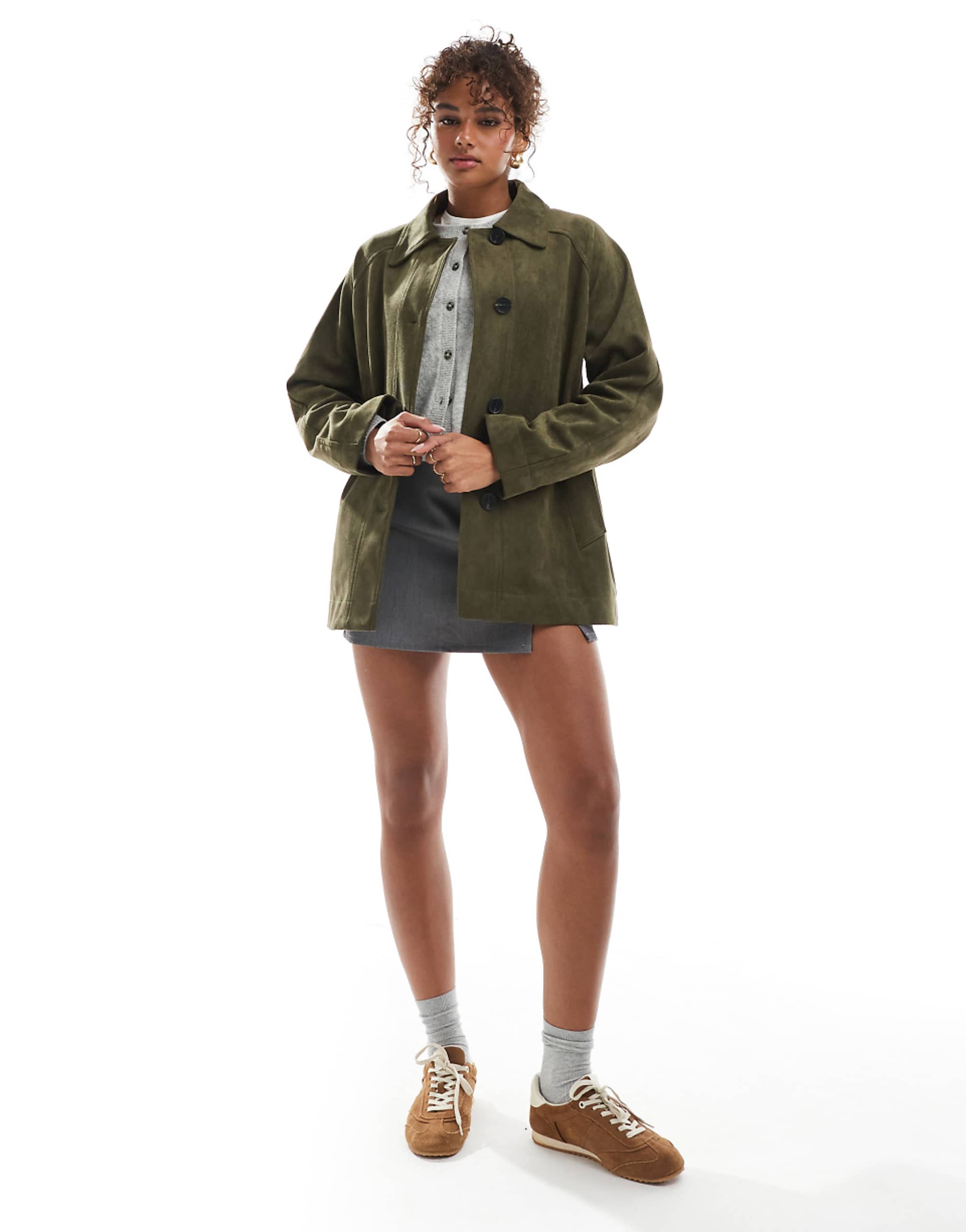 Asos Design Faux Suede Car Coat in Olive