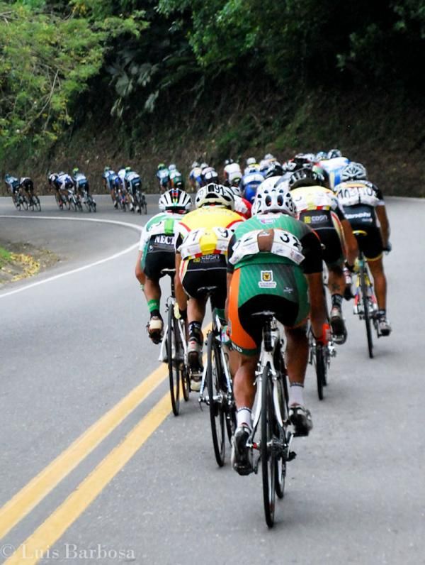The peloton corners on a descent