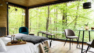 Interior of a suite at Loire Valley Lodges, with panoramic windows over the surrounding forest