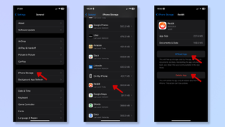 The first screenshot shows the Settings app on iPhone, with a red arrow pointing at iPhone Storage. The second screenshot shows the iPhone Storage menu in Settings, with a red arrow pointing at an app. The third screenshot shows two red arrows pointing at the Offload App and Delete App buttons. 