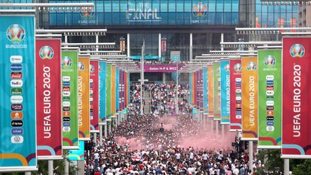 Supporters packed Wembley Way ahead of the Euro 2020 final 