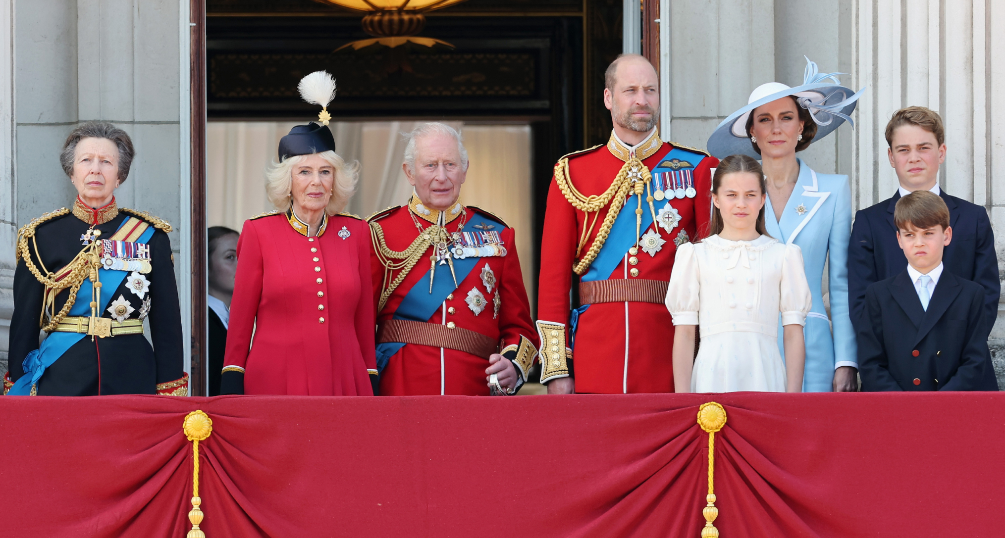 Members of the Royal Family posing on the Buckingham Palace balcony at Trooping the Colour 2026