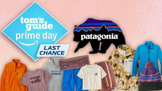 the patagonia image with the patagonia bear logo, tom's guide last chance prime day badge, patagonia fleece, jacket, backpack, hat, and shorts, and t shirts