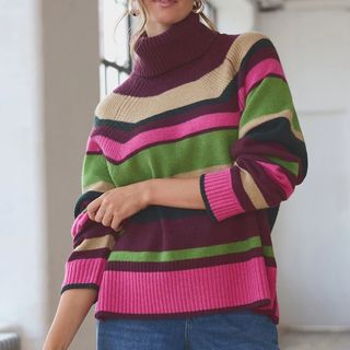 Next Multi Stripe 100% Wool Premium High Roll Neck Knitted Jumper