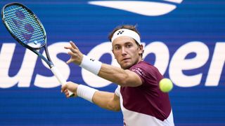 Casper Ruud plays a forehand at the US Open tennis 2022
