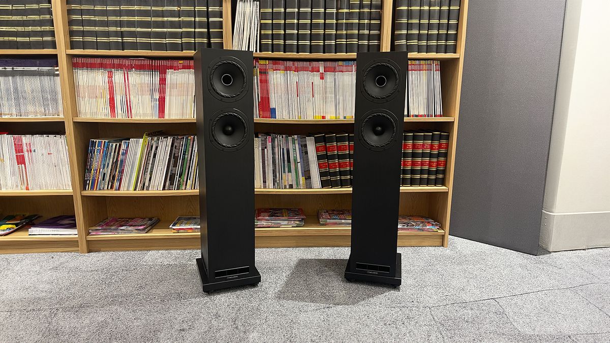 Fyne Audio F501E floorstanding speakers on grey carpet in front of bookcase