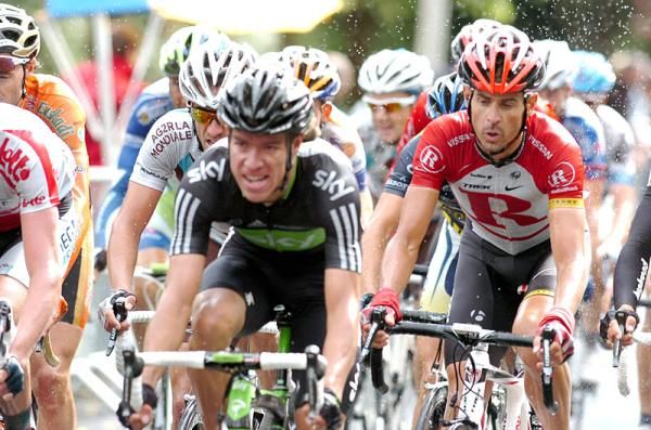 Andreas Kl&ouml;den (RadioShack) stays near the head of the peloton and out of trouble on the wet and wild stage finish.