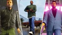 Split image showing Claude from GTA 3, CJ from San Andreas, and Tommy Vercetti from Vice City.