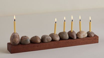 Judaica Standard Time modern menorah with lit candles