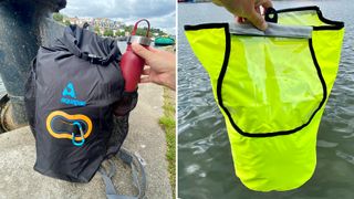 Two shots of Aquapac 25 litre Wet & Dry backpack, including shot of inner bag