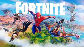 Spider-Man leaping onto the Chapter 3 FOrtnite ISland alongside a slew of characters including the Foundation