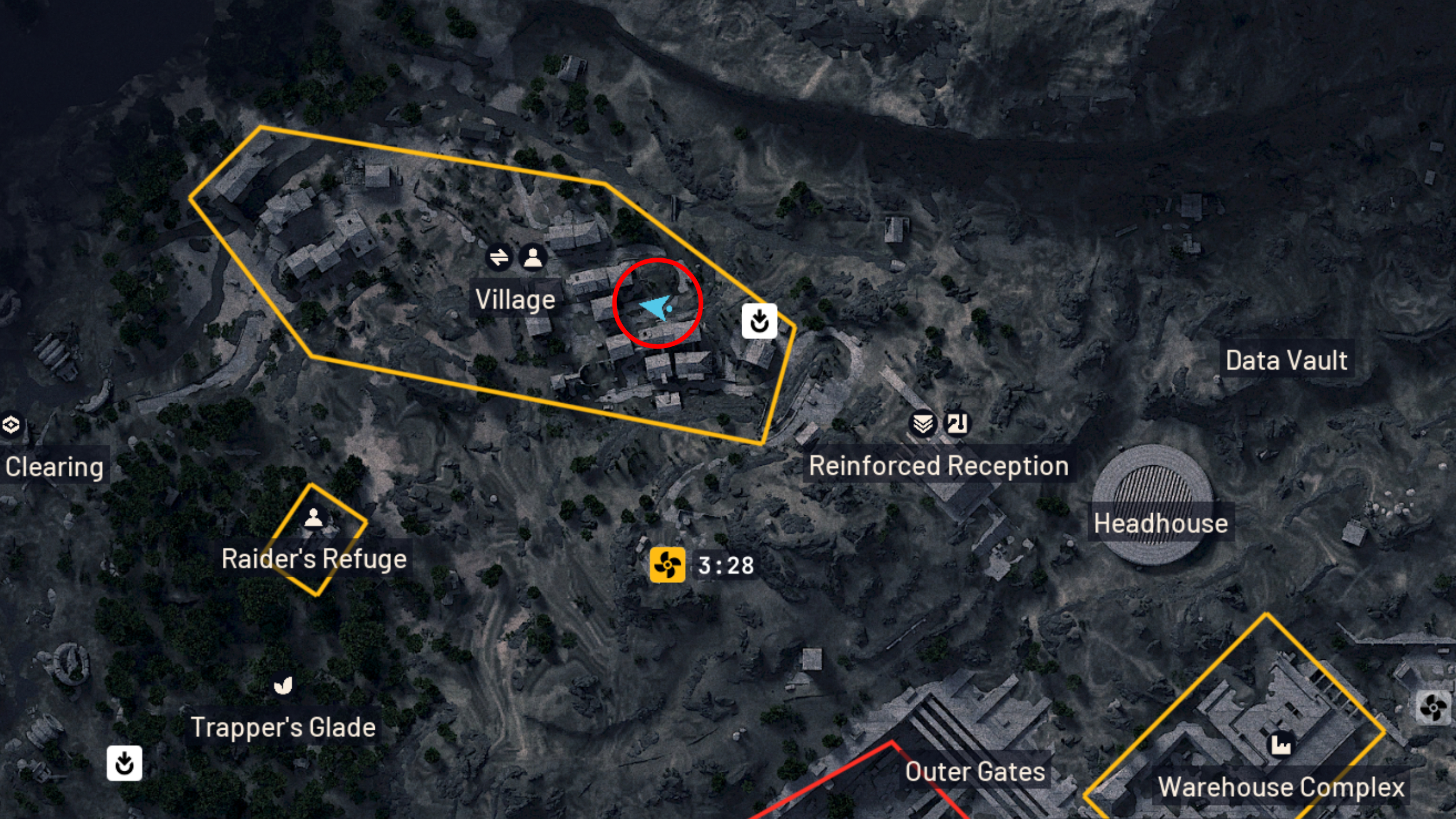 Arc Raiders Clamoring for Attention: A map with a red circle highlighting the location of the Village boombox.