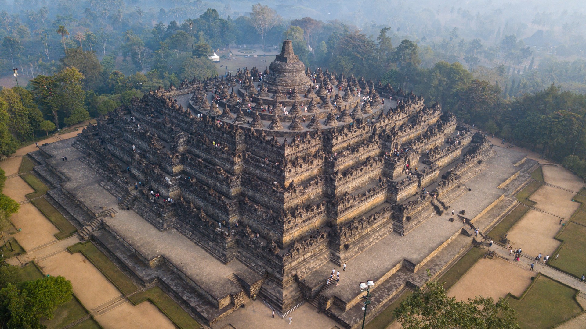 An aerial view of the world's biggest Buddhist temple's, Borobudur temple on the island of Java in Indonesia.