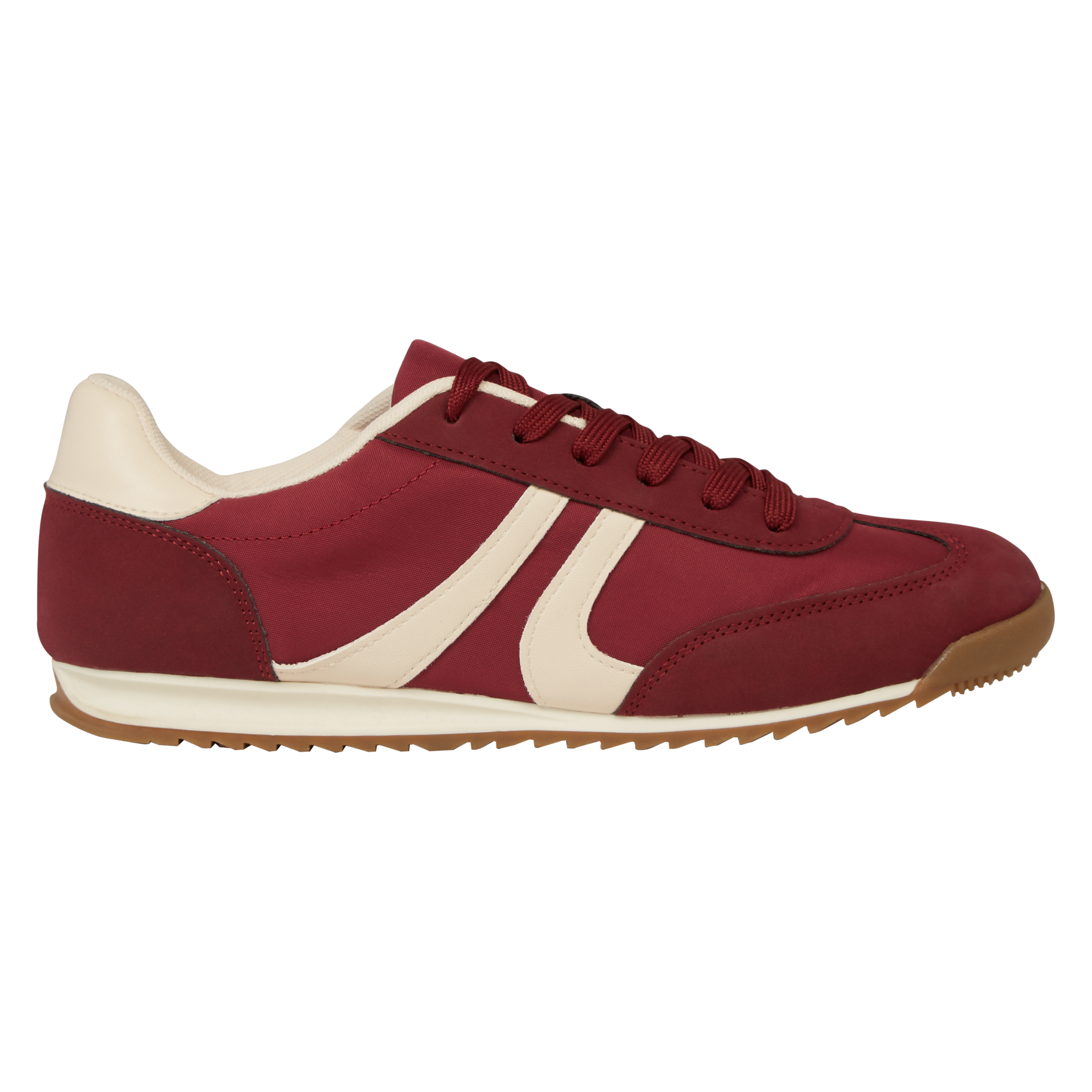Burgundy and cream trainers