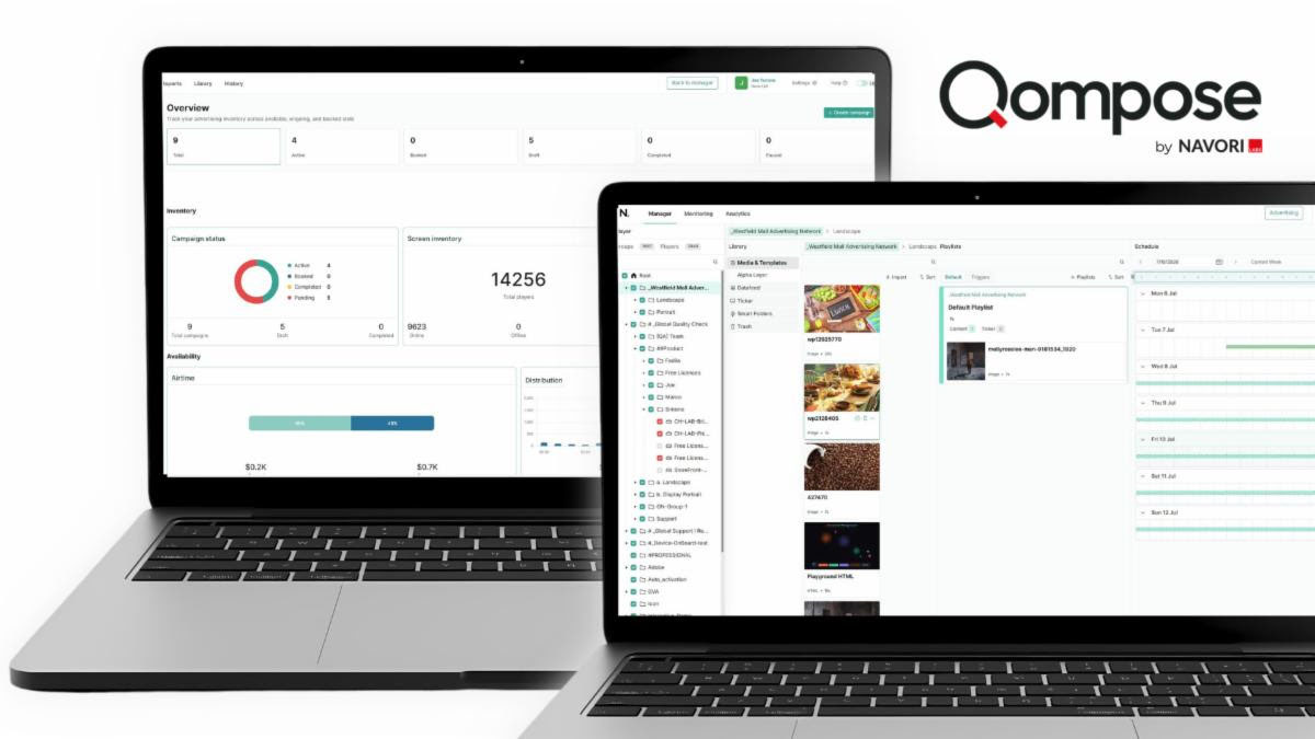 The new Qompose digital signage solution on two laptops.
