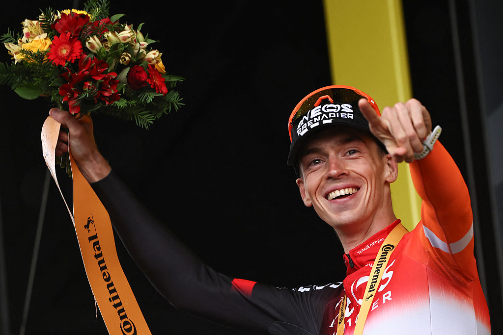 INEOS Grenadiers team&#039;s Dutch rider Thymen Arensman celebrates on the podium after winning the 19th stage of the 112th edition of the Tour de France cycling race, 93.1 km between Albertville and La Plagne, in the French Alps, on July 25, 2025. The 19th stage of the Tour de France was shorted from its initial 129.9 km route, bypassing the Col des Saisies where an outbreak of nodular dermatitis in a herd of cattle was discovered, prompting organizers to modify the race route. (Photo by Anne-Christine POUJOULAT / AFP) (Photo by ANNE-CHRISTINE POUJOULAT/AFP via Getty Images)