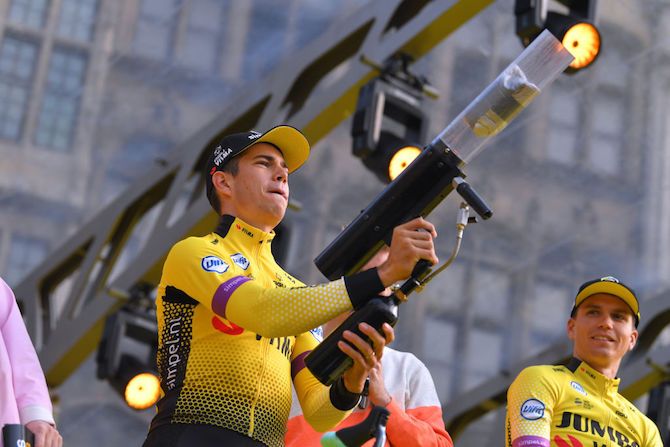 Young gun: Jumbo-Visma's Wout van Aert fires some t-shirts to eager fans at the 2019 pre-race Tour of Flanders teams presentation