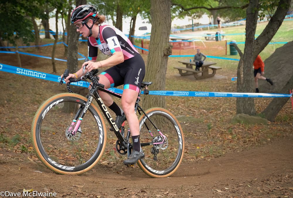 Ellen Noble (Aspire Racing) attempting to break away from White in the final moments of the race