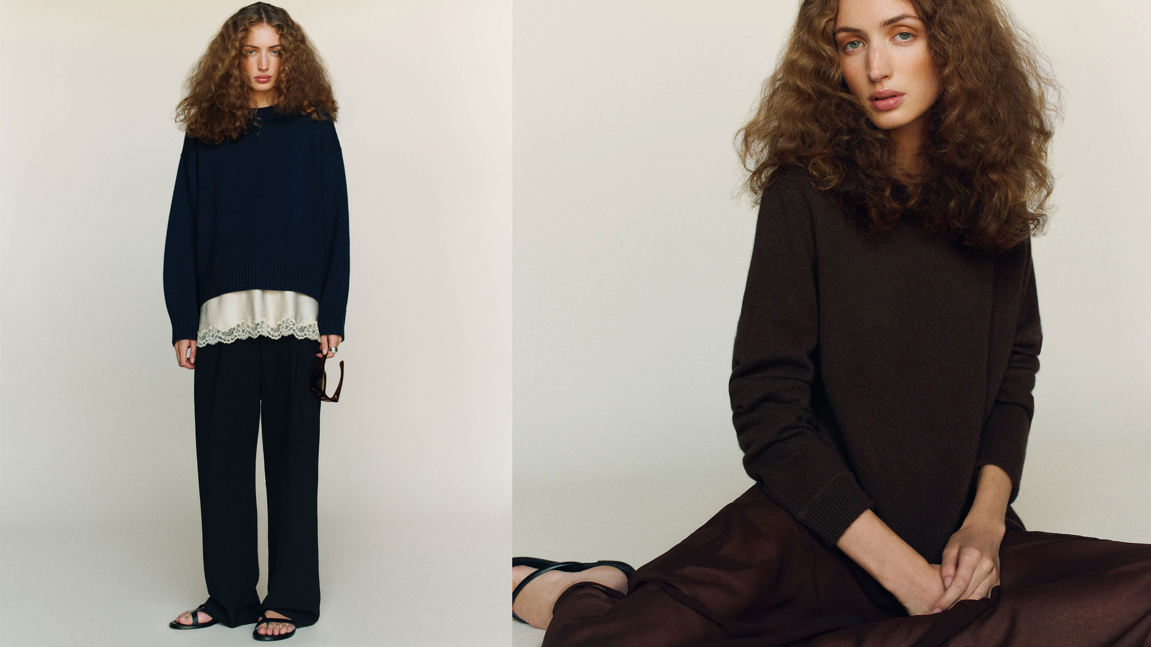 A Reformation model wearing a cashmere sweater from the fall 2025 new arrivals.