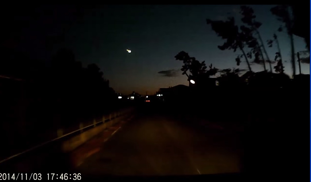 Skywatcher Tam Shin captured this dash camera video of a brilliant fireball over Japan on Nov. 3, 2014 while driving in the city of Koga, just north of Tokyo. The video was posted on Youtube.