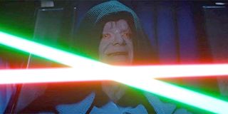 Emperor Palpatine laughs as Darth Vader and Luke Skywalker cross lightsabers Star Wars: Return of th