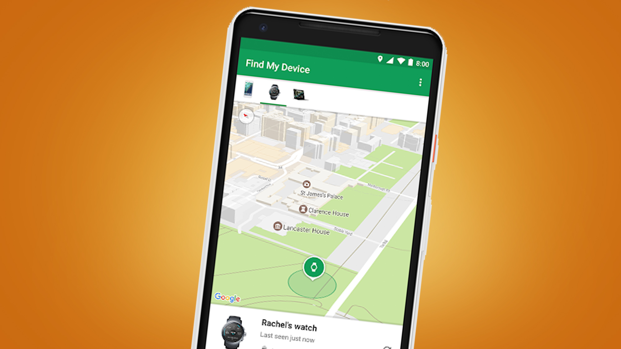 An Android phone on an orange background showing the FInd My Device function